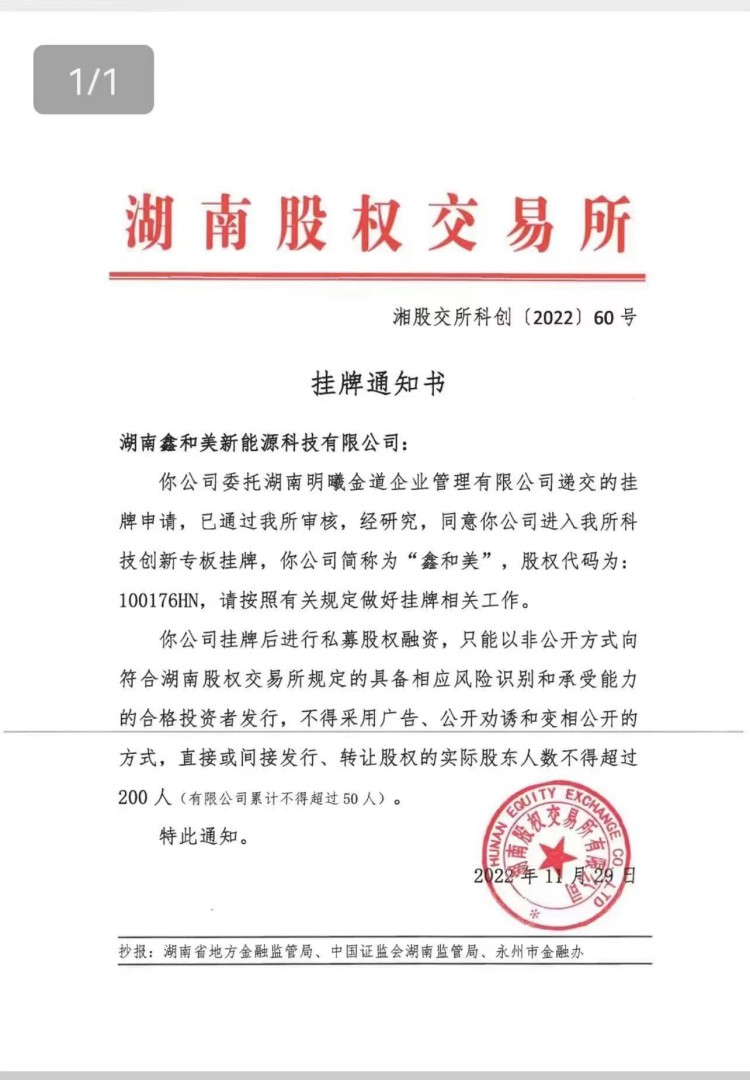 喜訊—熱烈祝賀湖南鑫和美新能源科技有限公司在湖南股權交易所正式掛牌